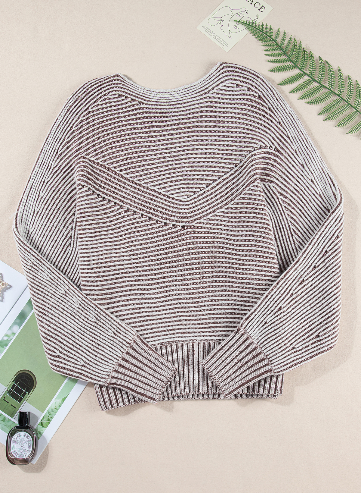 Coffee Striped Print Ribbed Knit Boat Neck Baggy Sweater