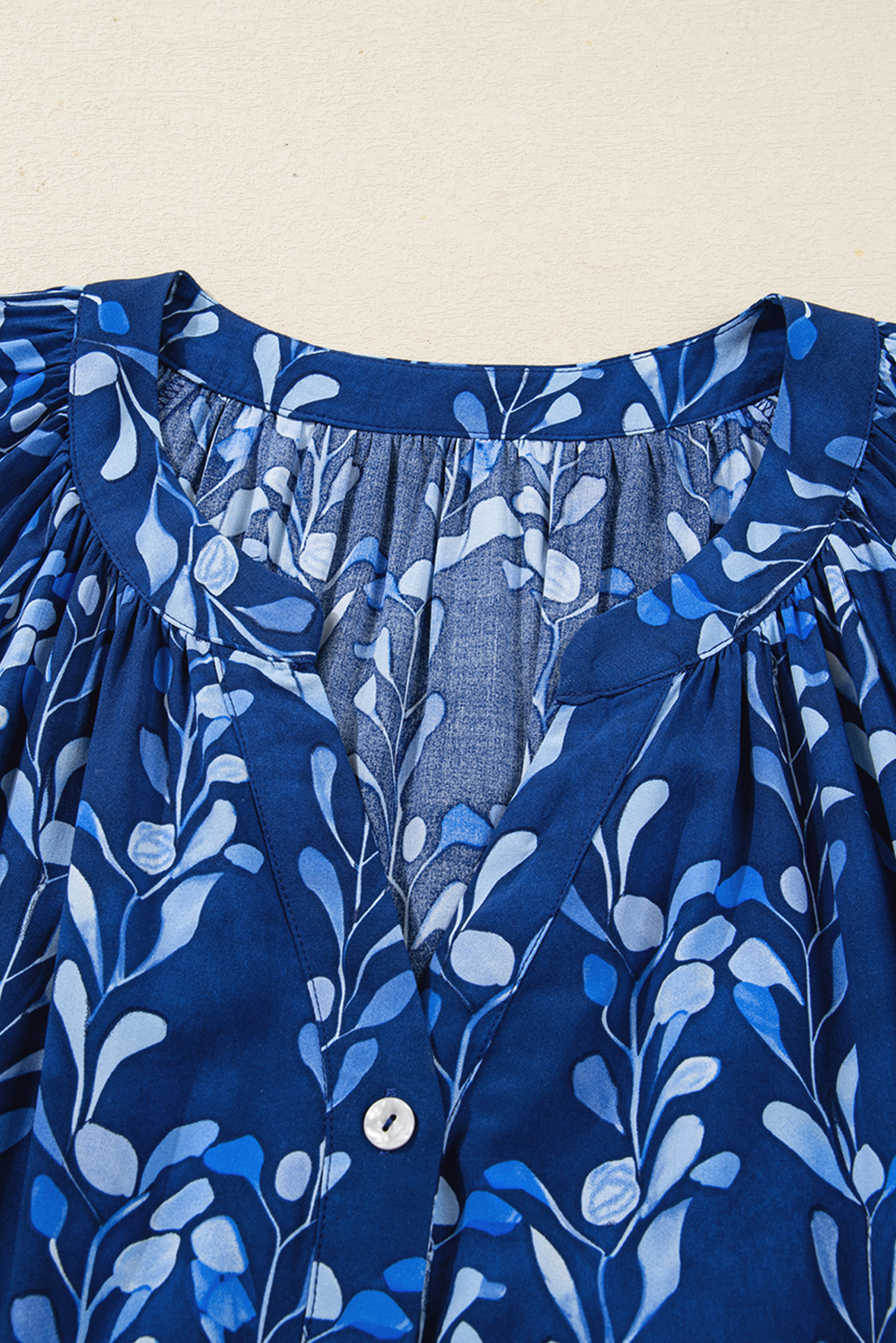 Blue Botanical Print Bracelet Sleeve Notched Neck Blouse