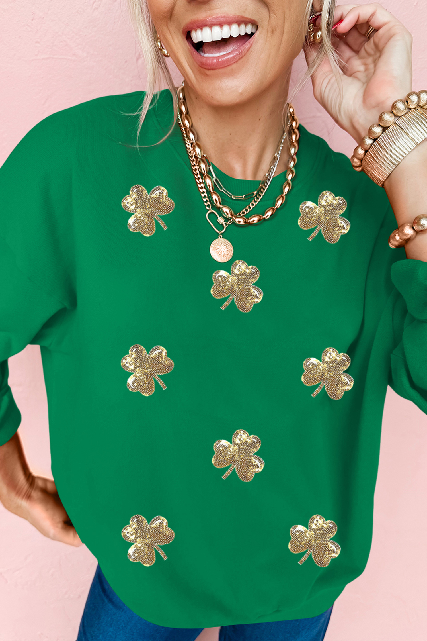 Dark Green Sequin Shamrock Irish Festive Graphic Sweatshirt
