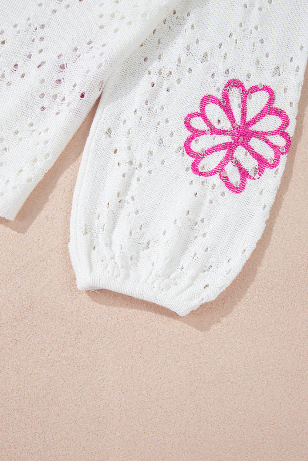 Beige Contrast Flower Print Eyelet Drop Shoulder Sweater