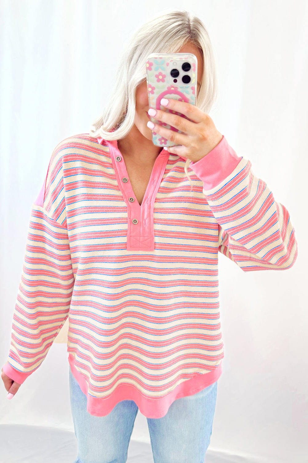 Red Stripe Buttoned V Neck Collared Drop Shoulder Top