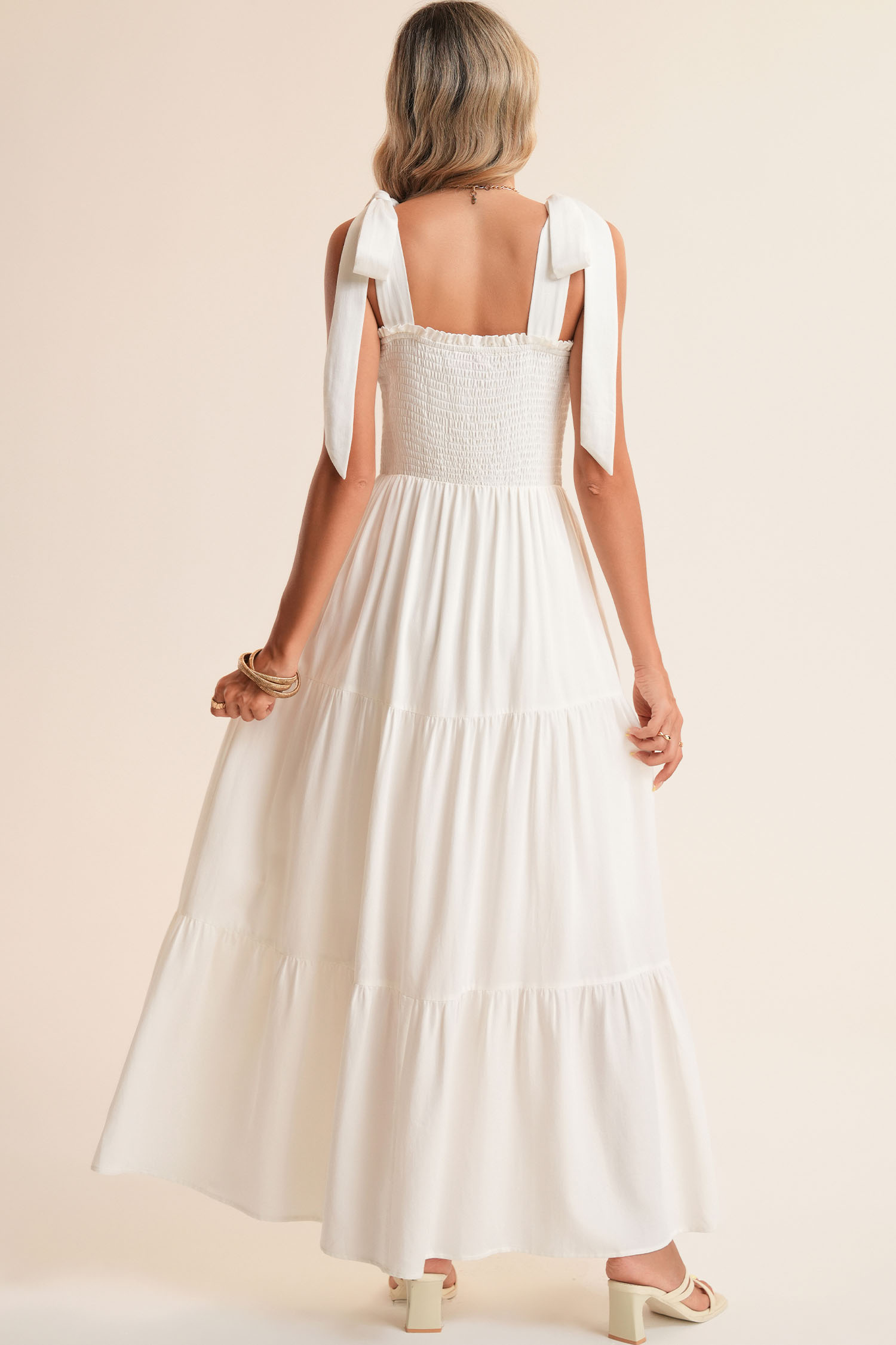 White Customizable Knot Straps Smocked Bodice Tiered Blank Maxi Dress
