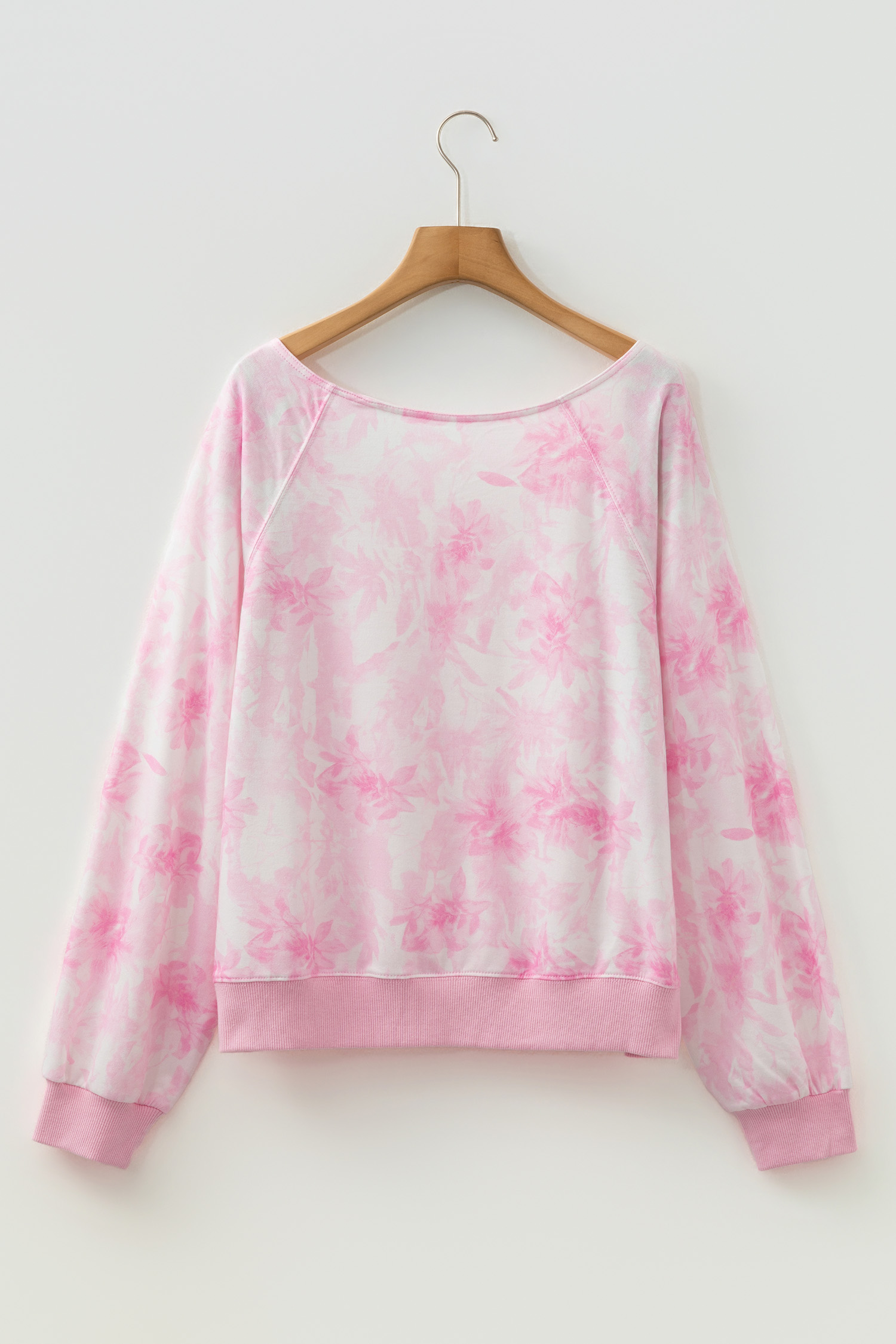 Pink Abstract Woodland Print Asymmetric Shoulder Long Sleeve Top