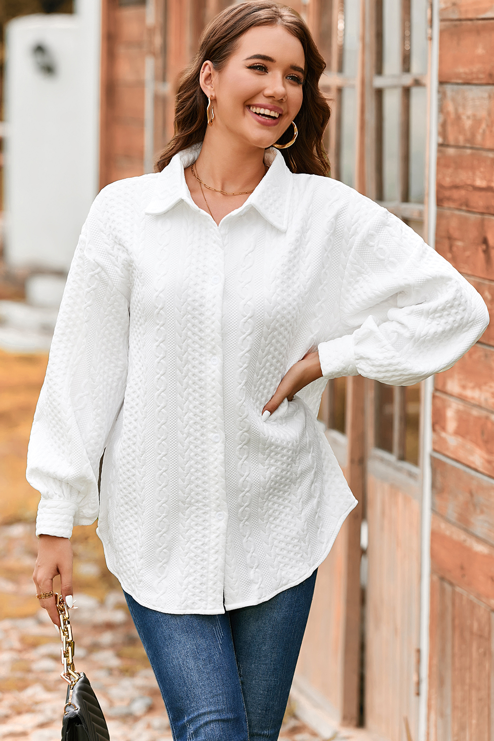 Sepia Rose Cable Texture Puff Sleeve Loose Shacket