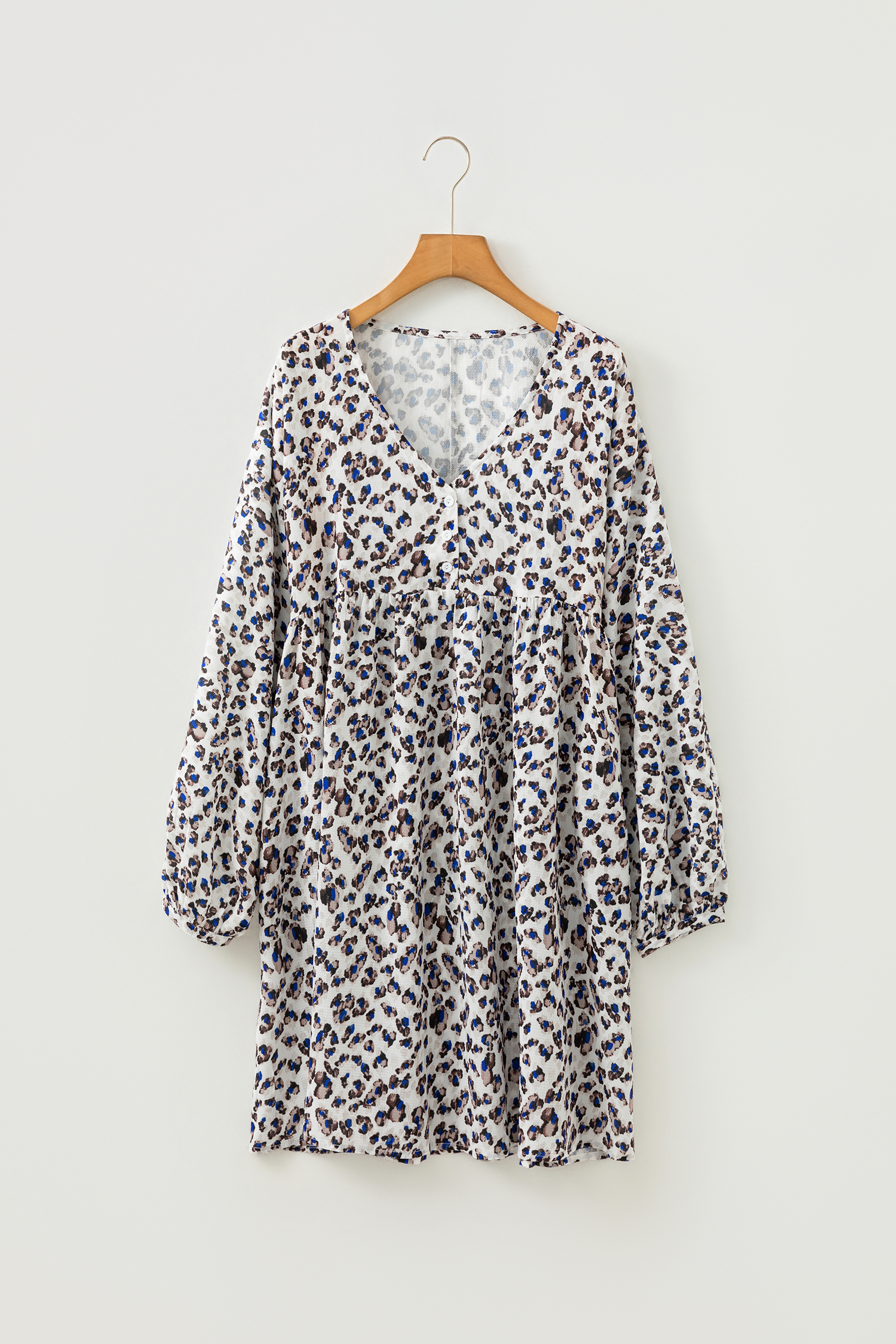 Multicolour Leopard Print V Neck Button Detail Long Sleeve Mini Dress