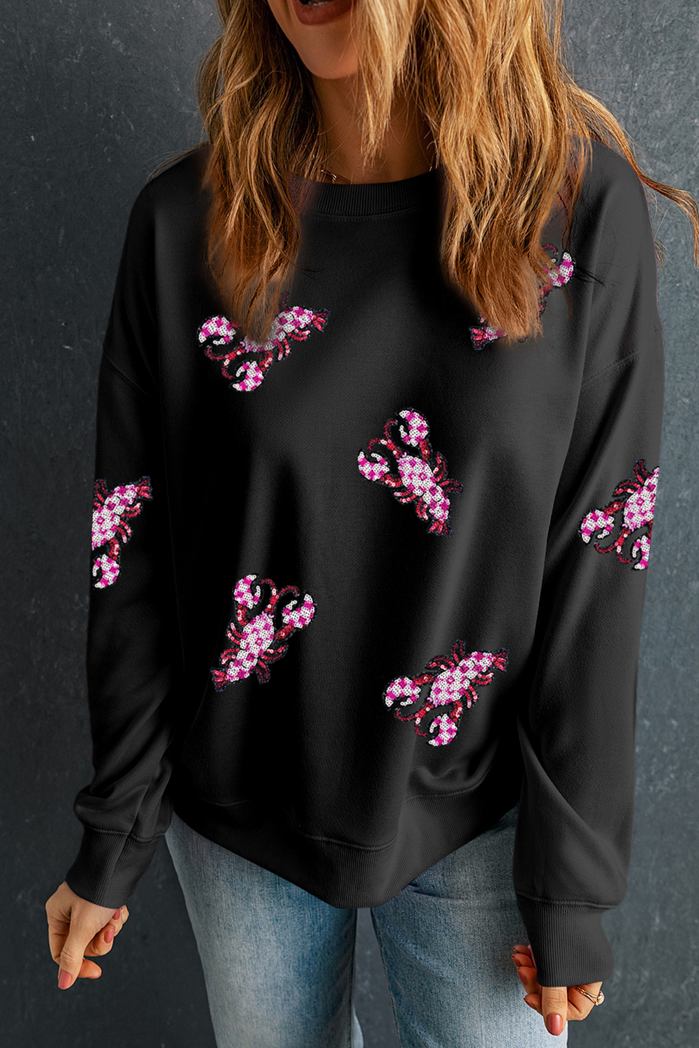 Black Sequin Crawfish Patched Crew Neck Tee