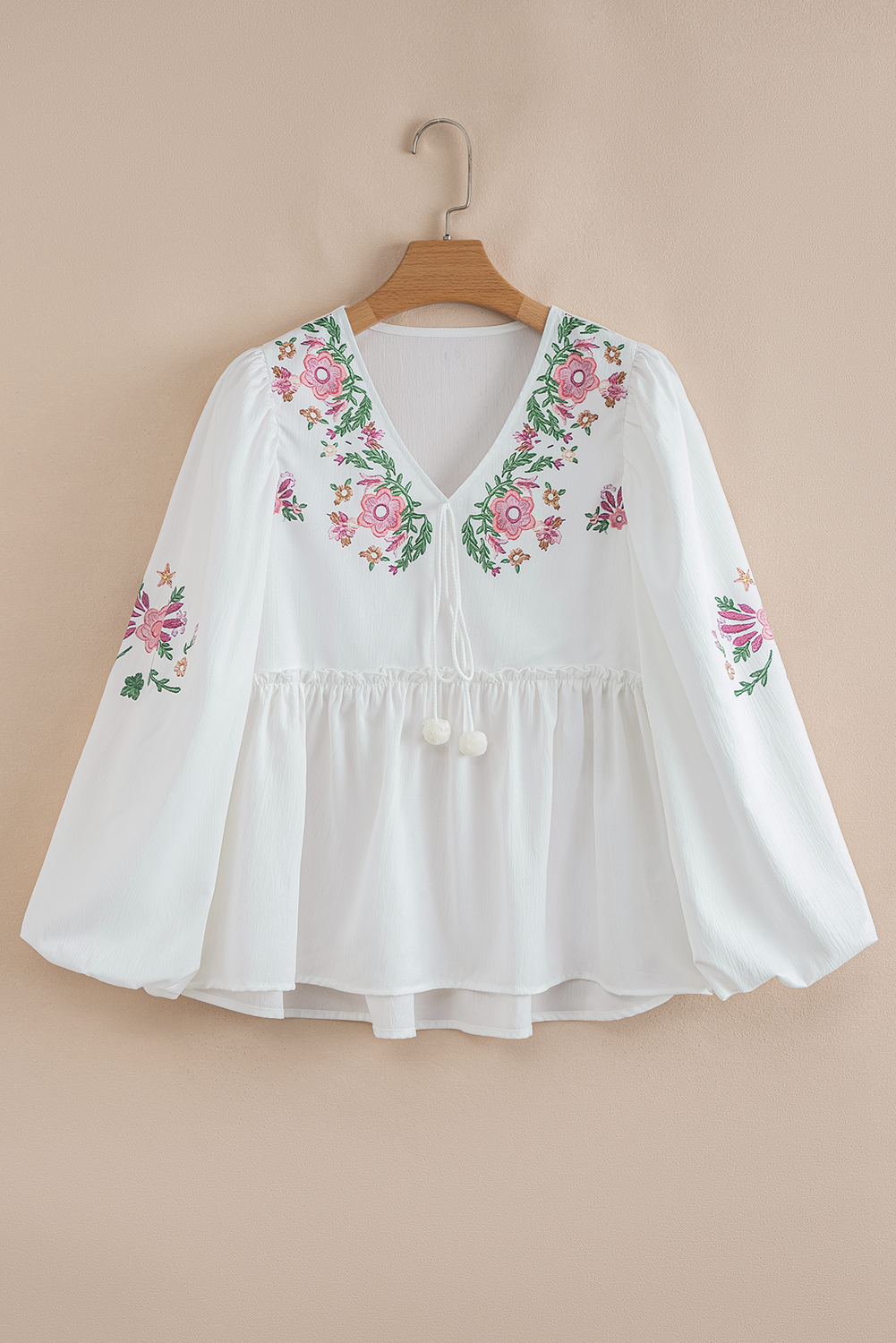 White Flower Print Lace-up V Neck Babydoll Blouse