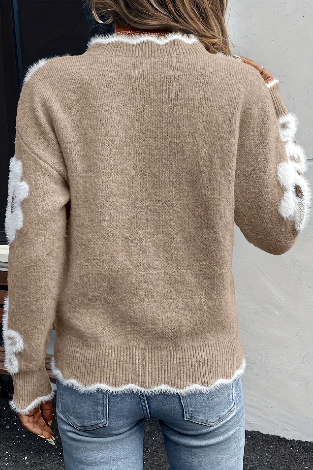 Smoke Gray Plush Flower Pattern Scalloped Trim V Neck Sweater