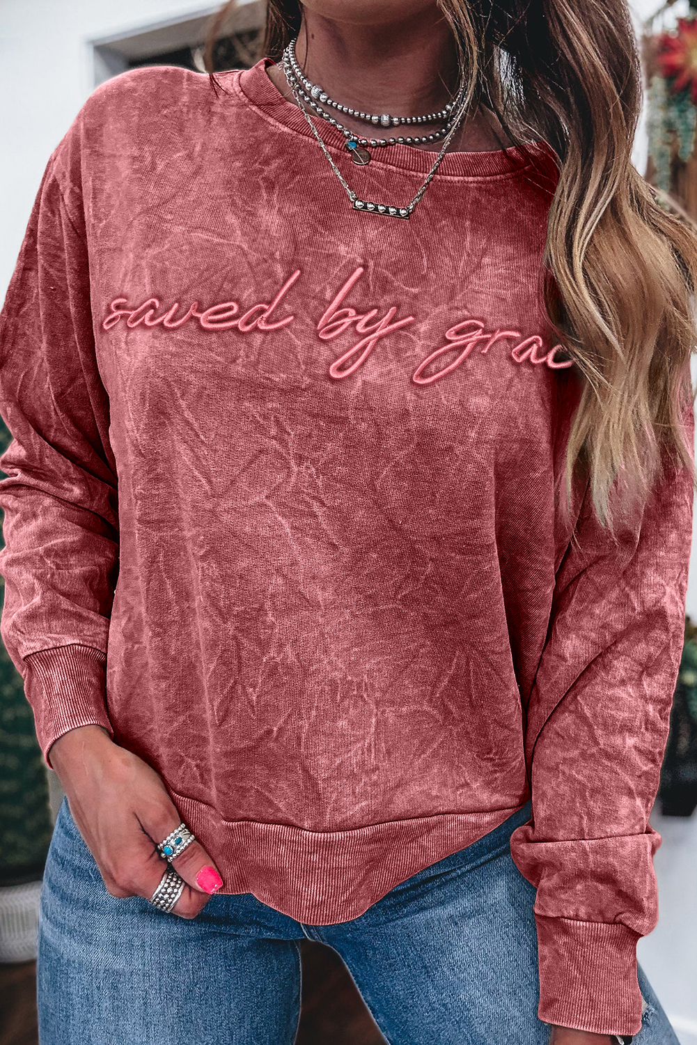 DUNE saved by grace Letter Embroidery Mineral Wash Loose Sweatshirt