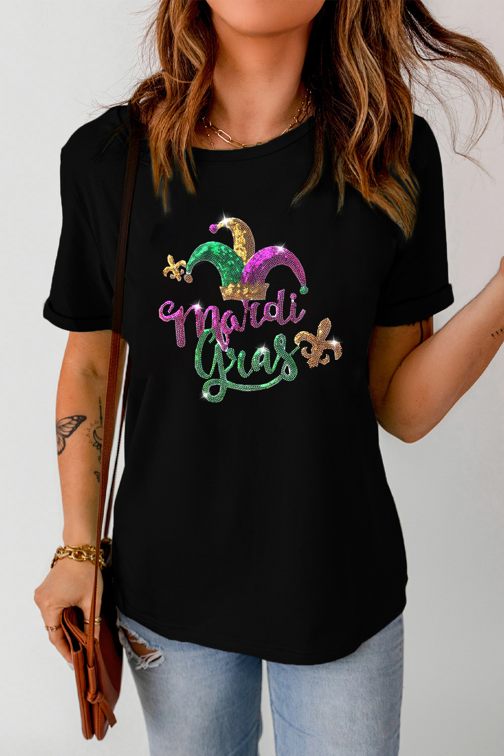 White Mardi Gras Sequin Graphic T-shirt