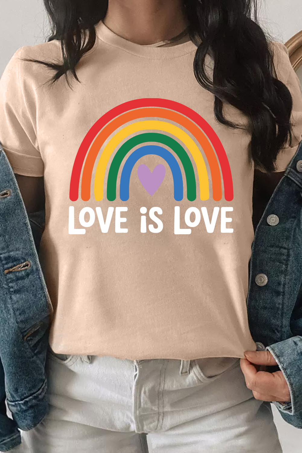 Khaki Love is Love Rainbow Heart Printed Cotton Blend T Shirt