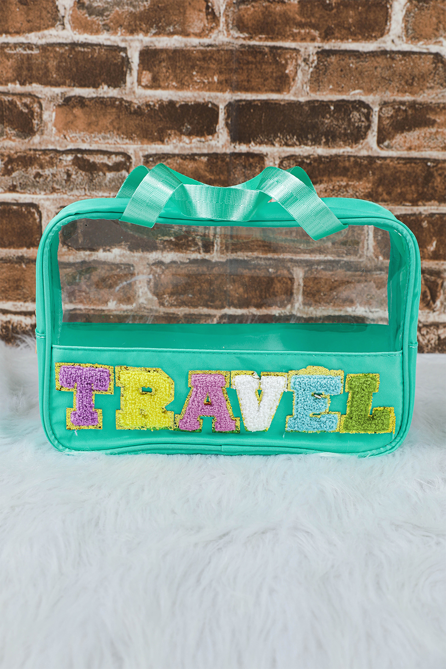 Light Pink TRAVEL Chenille Letter Clear PVC Makeup Bag