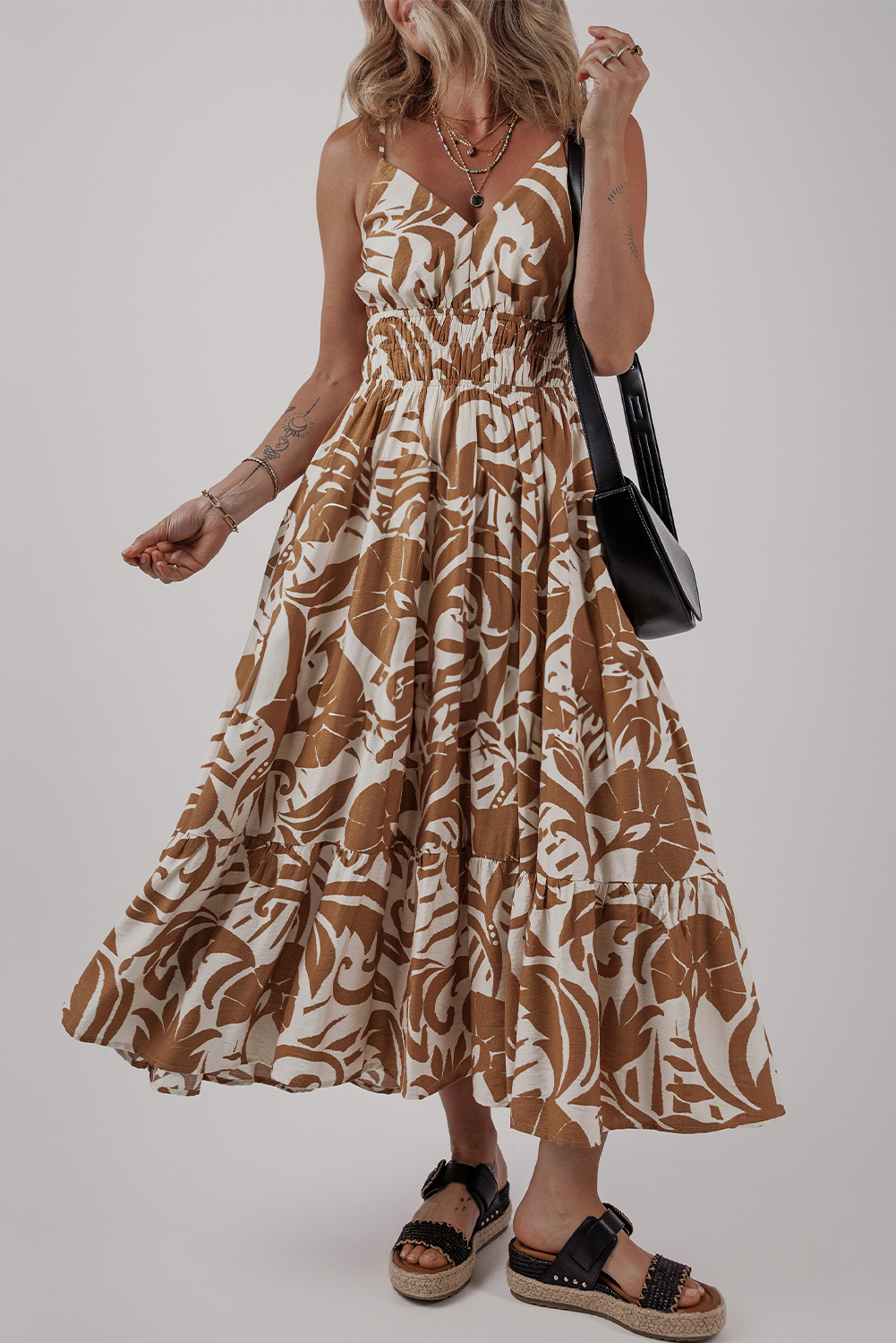 Khaki Floral Shirred High Waist Spaghetti Straps Maxi Dress