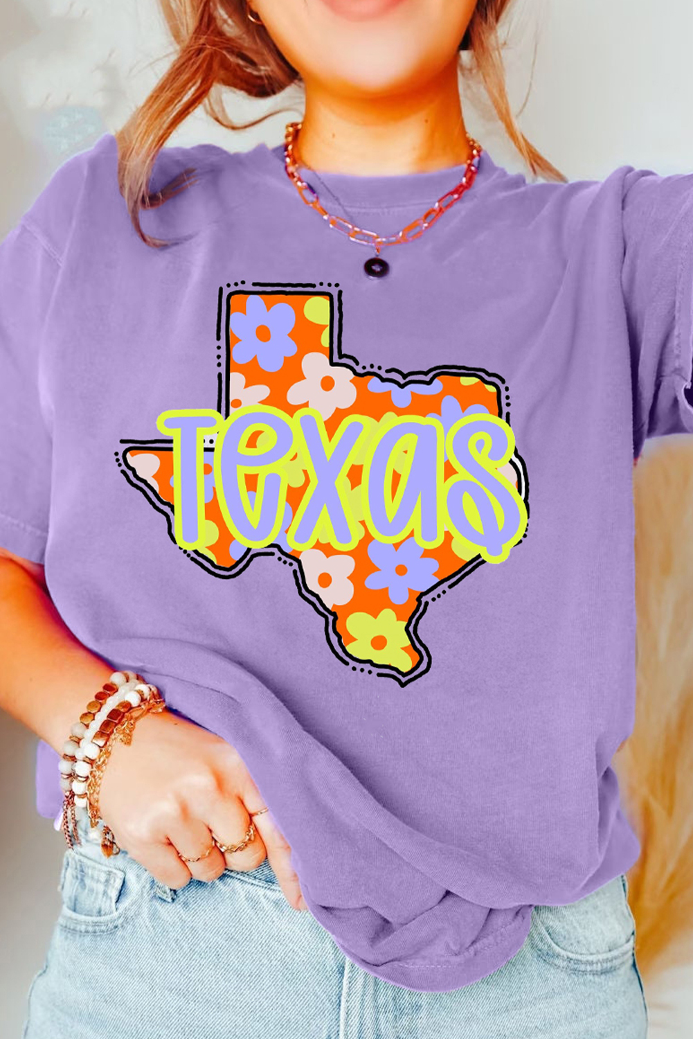 Wisteria TEXAS Flower Print Crew Neck T Shirt