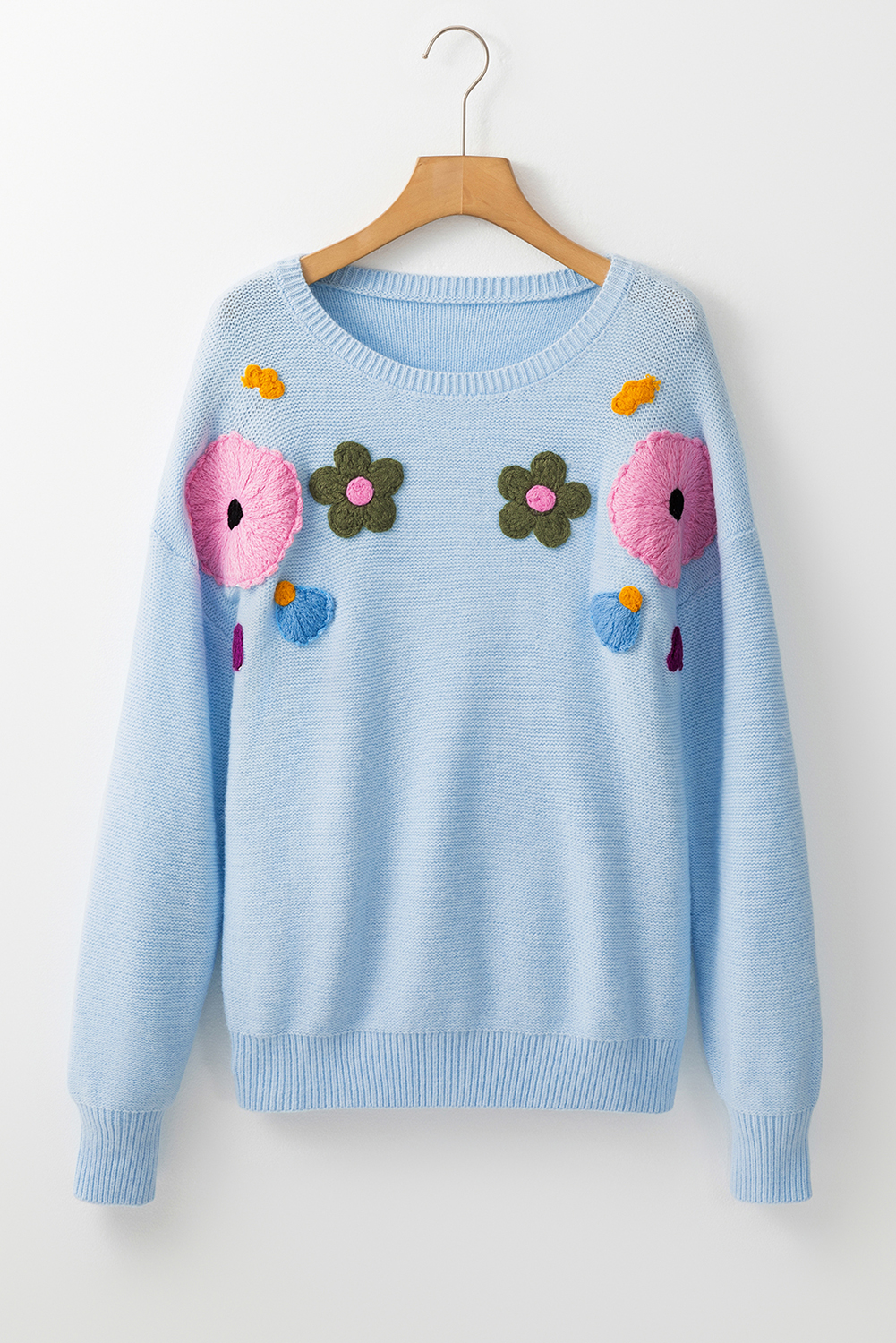 Pink Knitted Flower Pattern Ribbed Edge Sweater