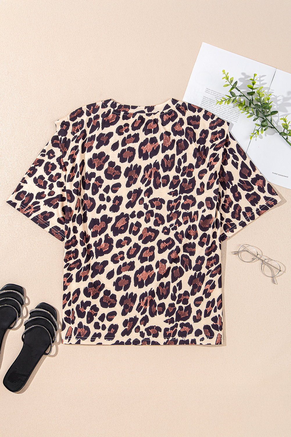 Khaki Cheetah Print Round Neck Loose Fit T Shirt