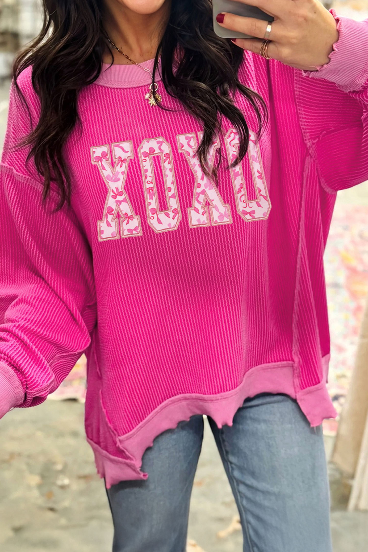 Strawberry Pink Twisted Ribbed Long Sleeve XOXO Bow Print Embroidered Patch Graphic Top