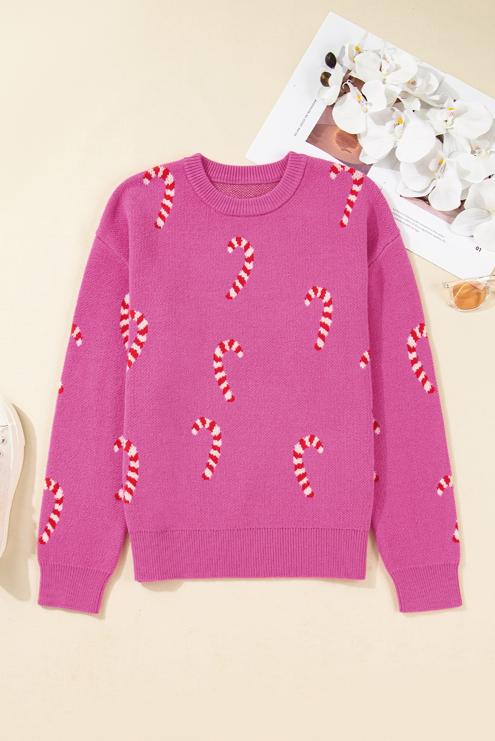 Dark Green Christmas Candy Cane Holiday Drop Shoulder Sweater