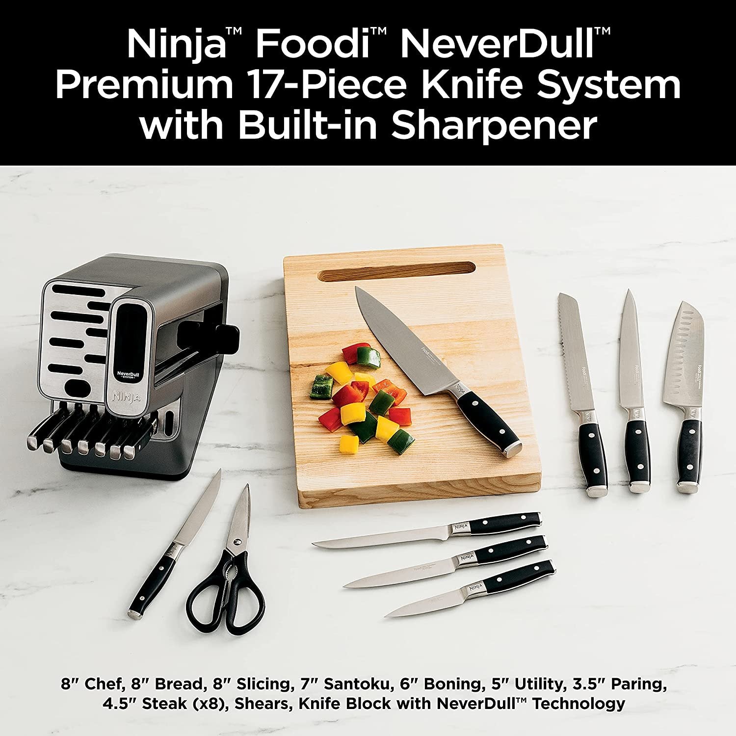 Ninja K32017 Foodi NeverDull 17 Piece Premium Knife System Block Set with Built-in Sharpener, Stainless Steel/Black