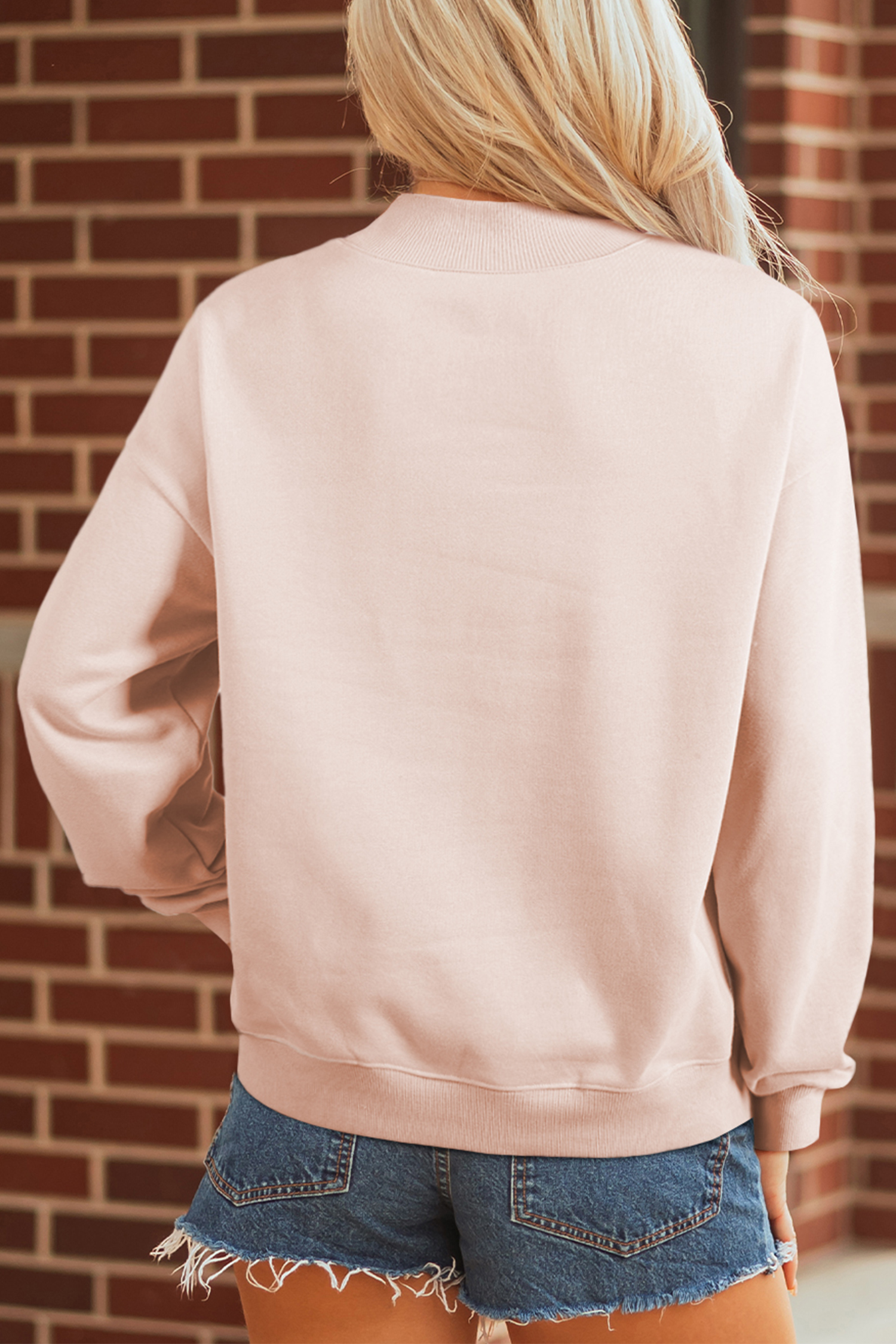Apricot Pink Cowgirl Element Embroidered Detail Mock Neck Sweatshirt