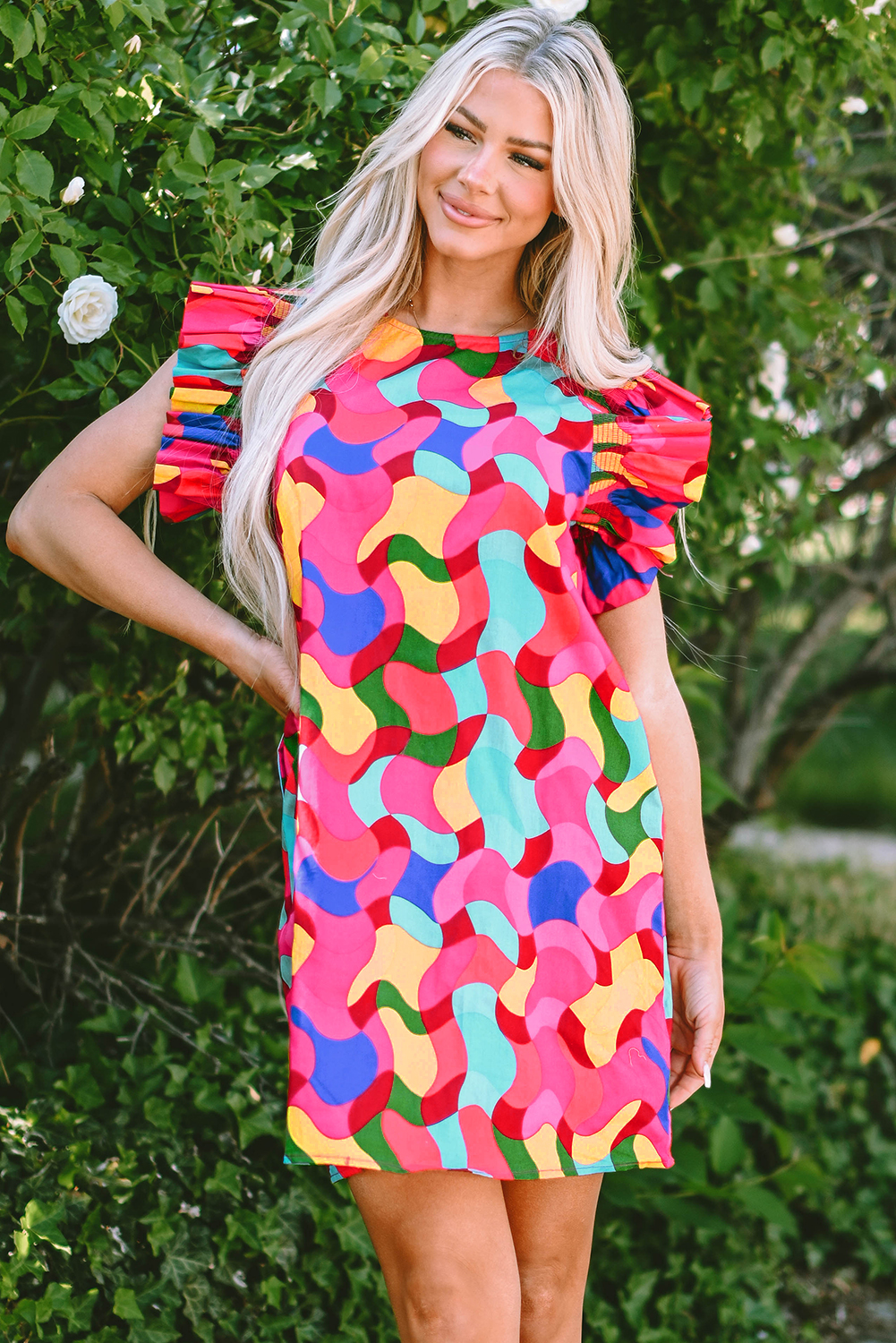 Rose Red Dramatic Ruffle Sleeve Smock Neck Wavy Print Top
