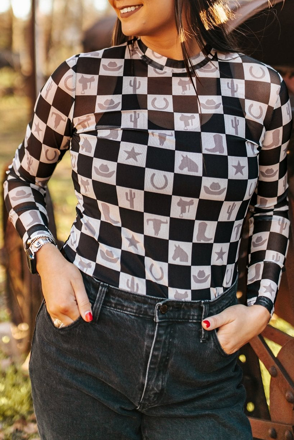 Khaki Checkered Pattern Mesh Mock Neck Long Sleeve Top
