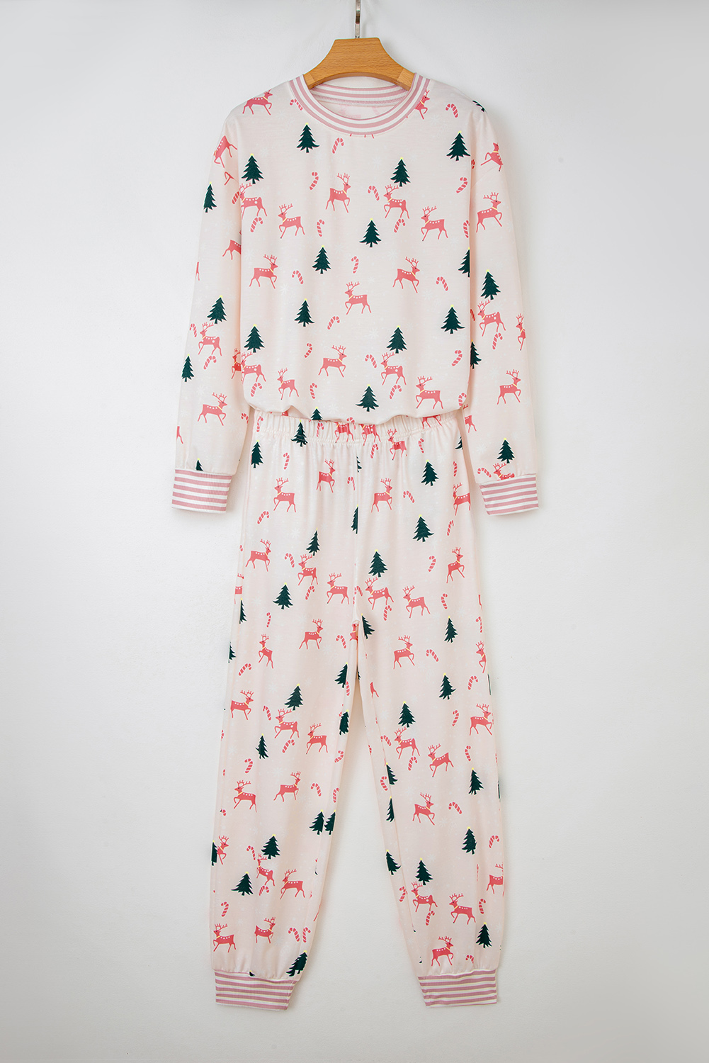 Pink Bow Christmas Tree Print Contrast Striped Banding 2pcs Lounge Set