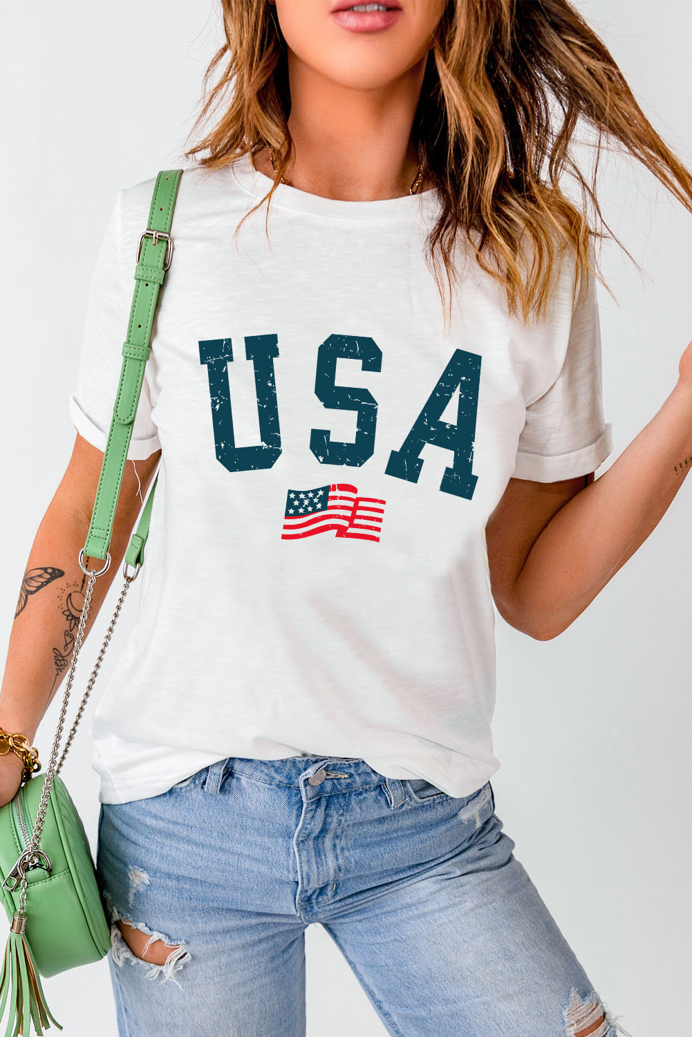 Gray Blooming USA Flag Print Casual T Shirt