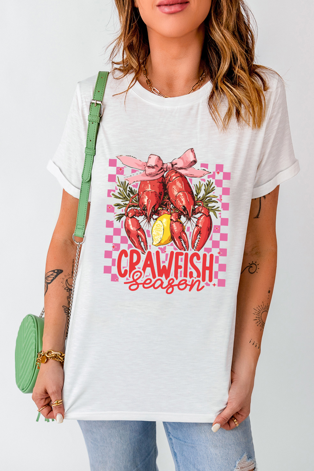 White Checkerboard Bow Crawfish Season Printed Crewneck T Shirt