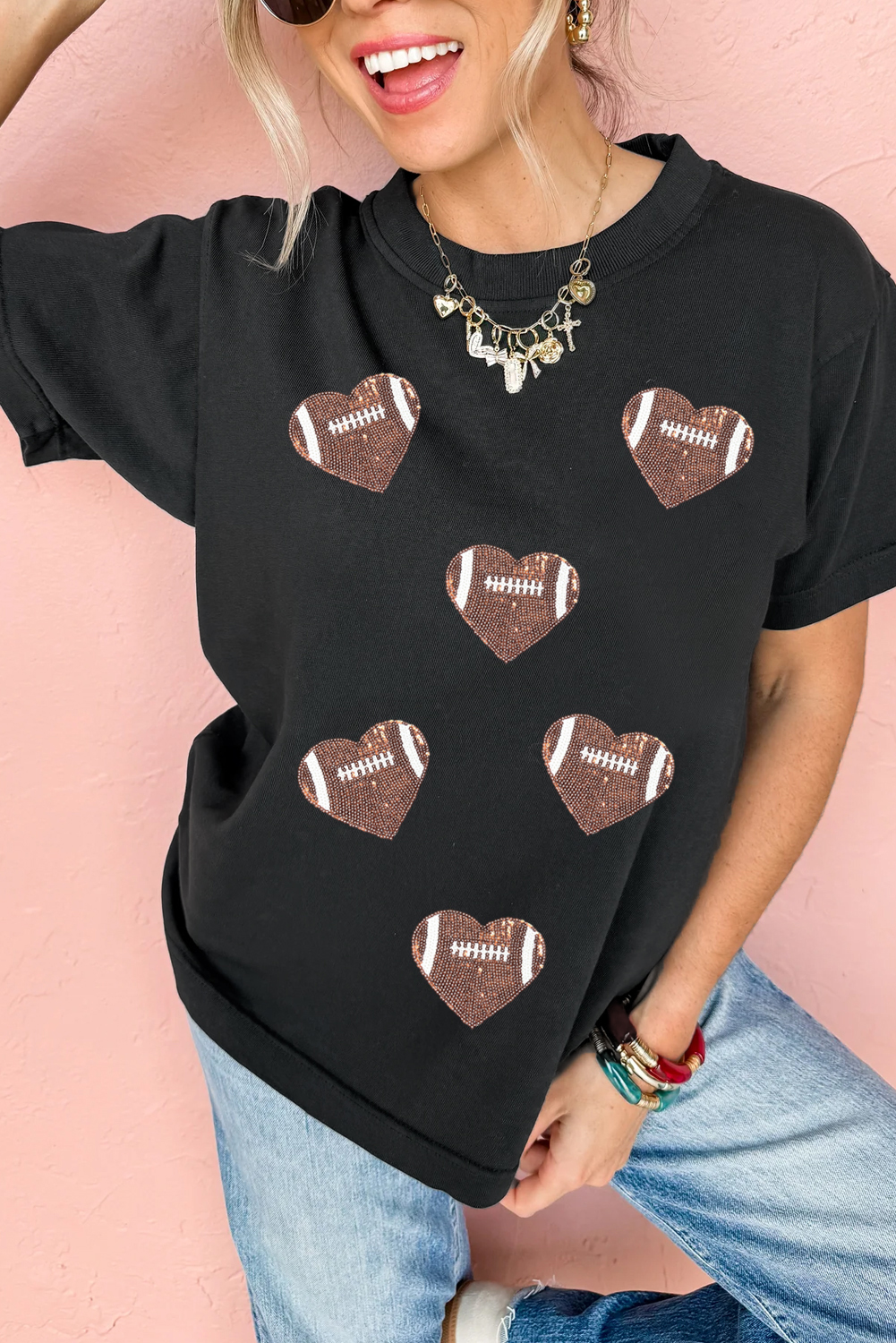 Black Rugby Football Sequin Heart Patched Graphic Tee