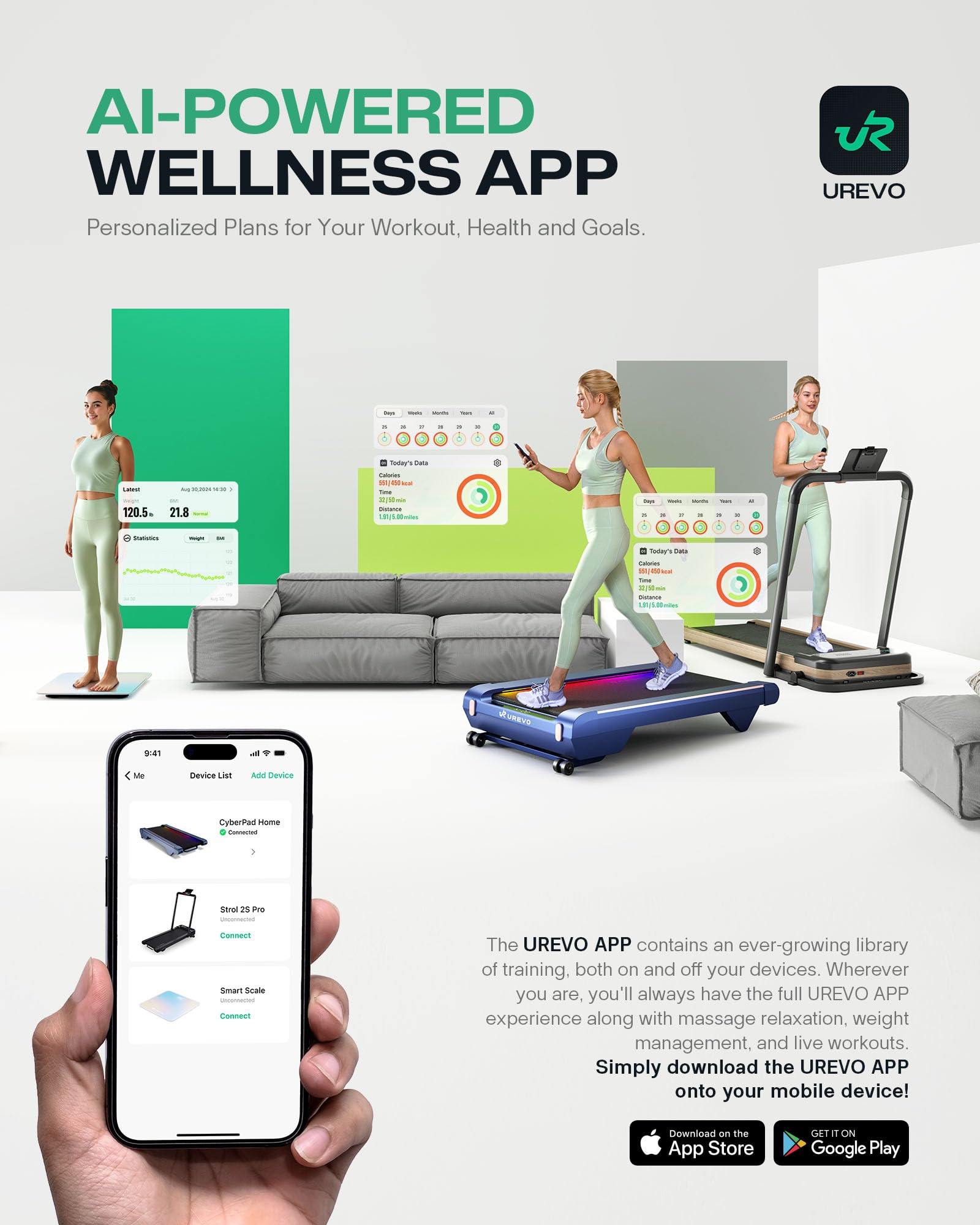 UREVO Smart Walking Pad, Compact Under Desk Treadmill