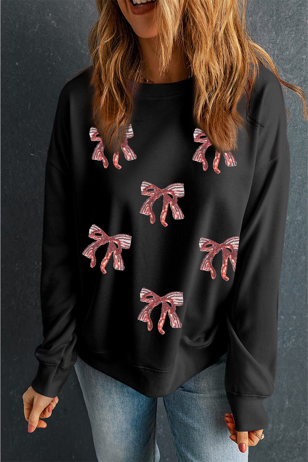 Black Christmas Fashion Sequin Ribbon Bow Patched Drop Shoulder Sweatshirt