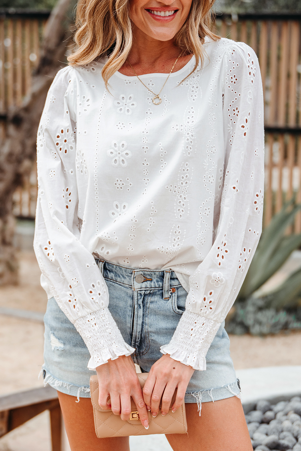White Eyelet Embroidered Smocked Cuff Sheer Blouse