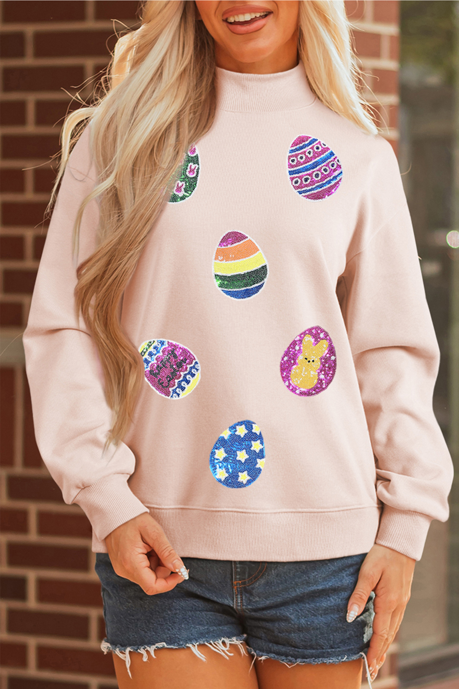 Apricot Pink Artistic Easter Eggs Sequin Patch Graphic Mock Neck Sweatshirt