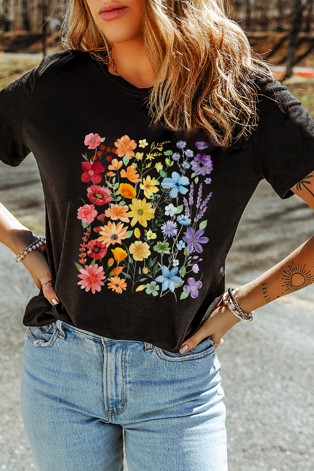 Black Beautiful Flower Print Cotton Blend Casual Tee