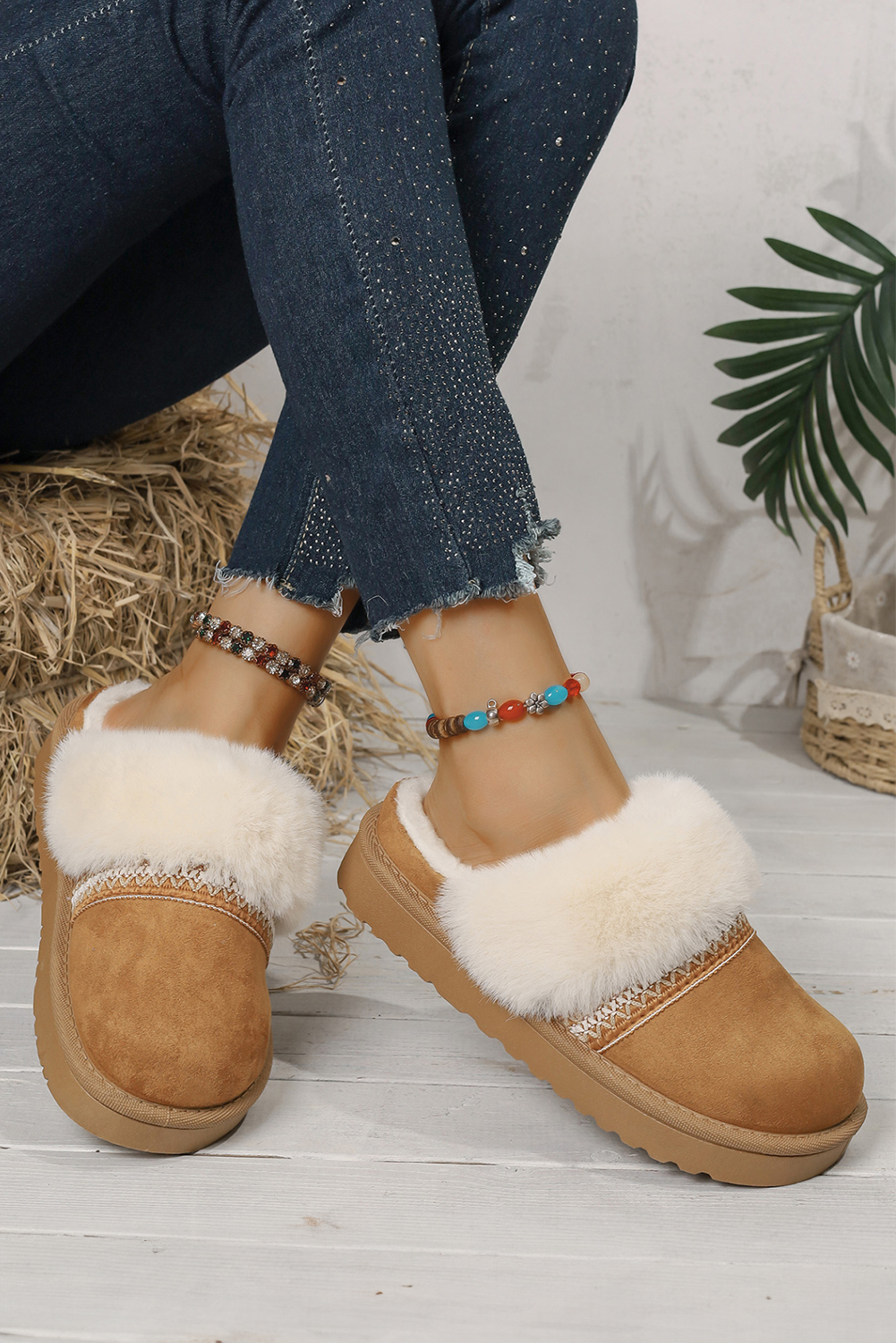 White Faux Suede Plush Trim Ethnic Mule Slippers