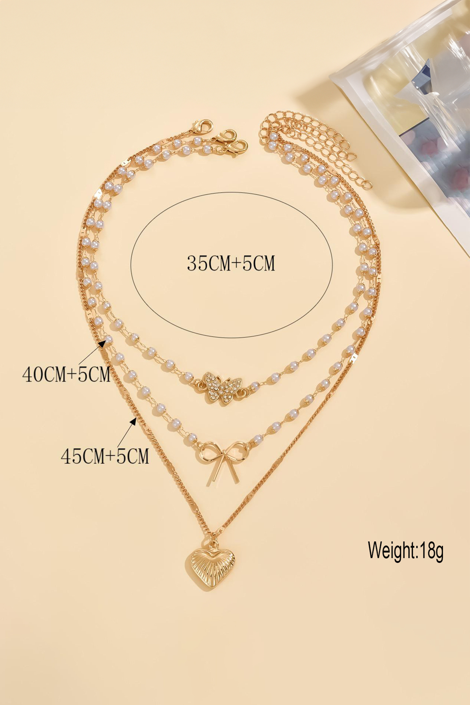 Gold Shell Heart Bow Butterfly Charm 3pcs Pearl Embellished Necklace Set