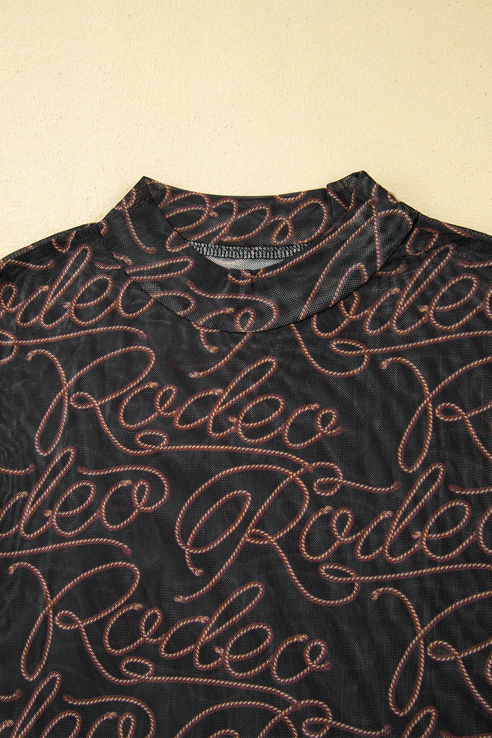 Brown Rodeo Print Round Neck Slim Fit Mesh T Shirt