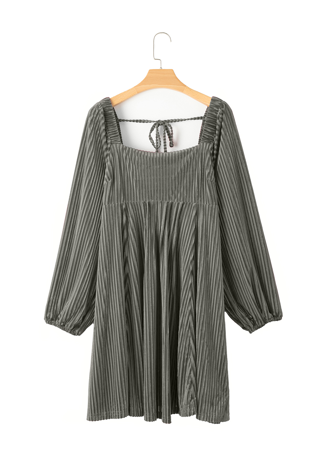 Gray Tie Back Square Neck Velvet Babydoll Dress