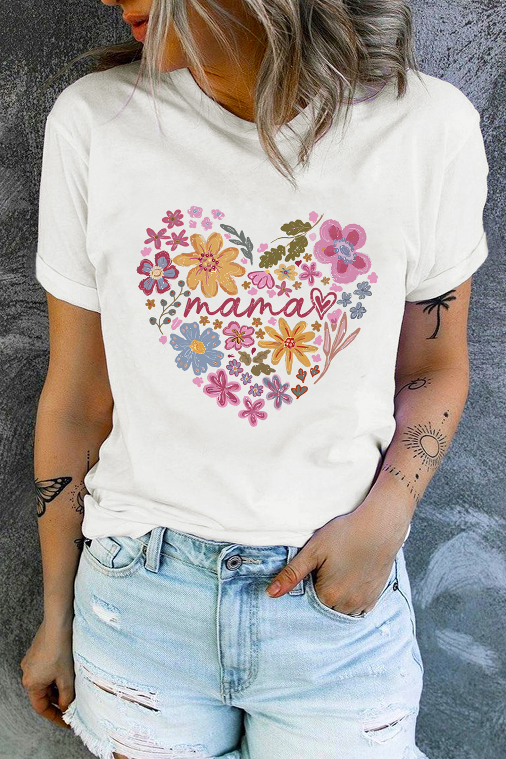 White MAMA Flower Heart Cotton Blend Graphic Tee