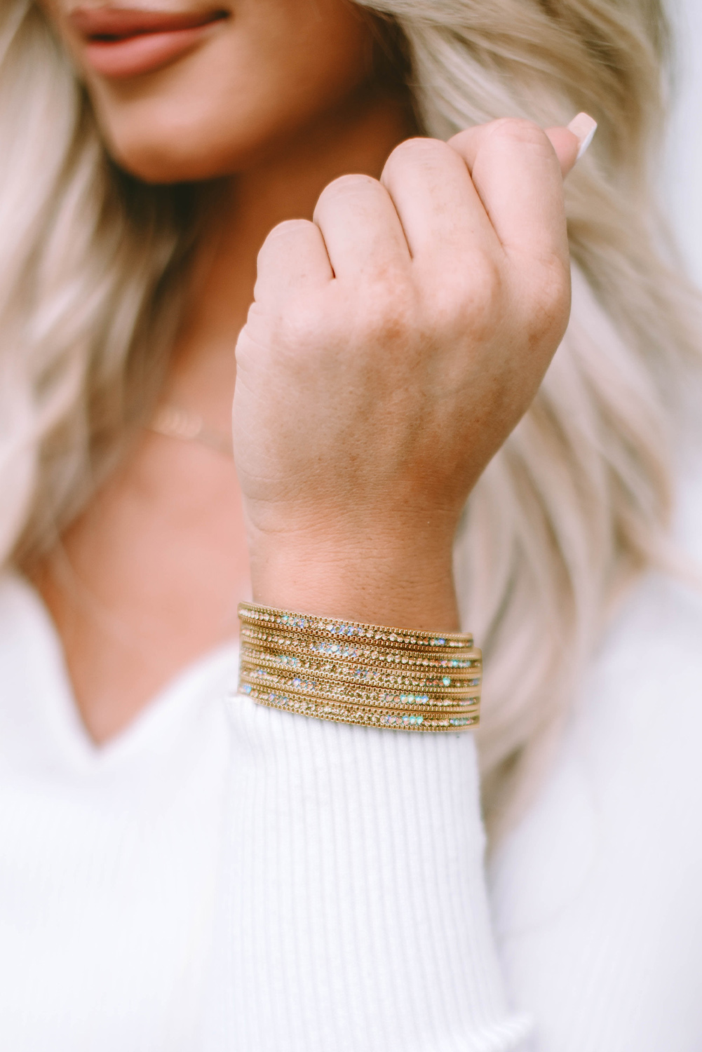 Gold Full Diamond Leather Wide Plated Magnetic Buckle Bracelet