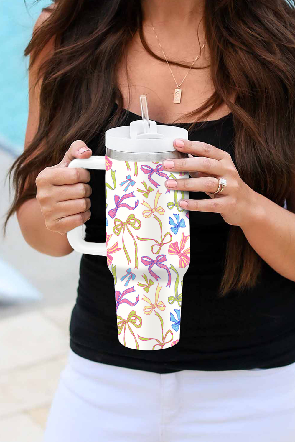 White Bow Knot Print Large Stainless Steel Vacuum Cup 40oz