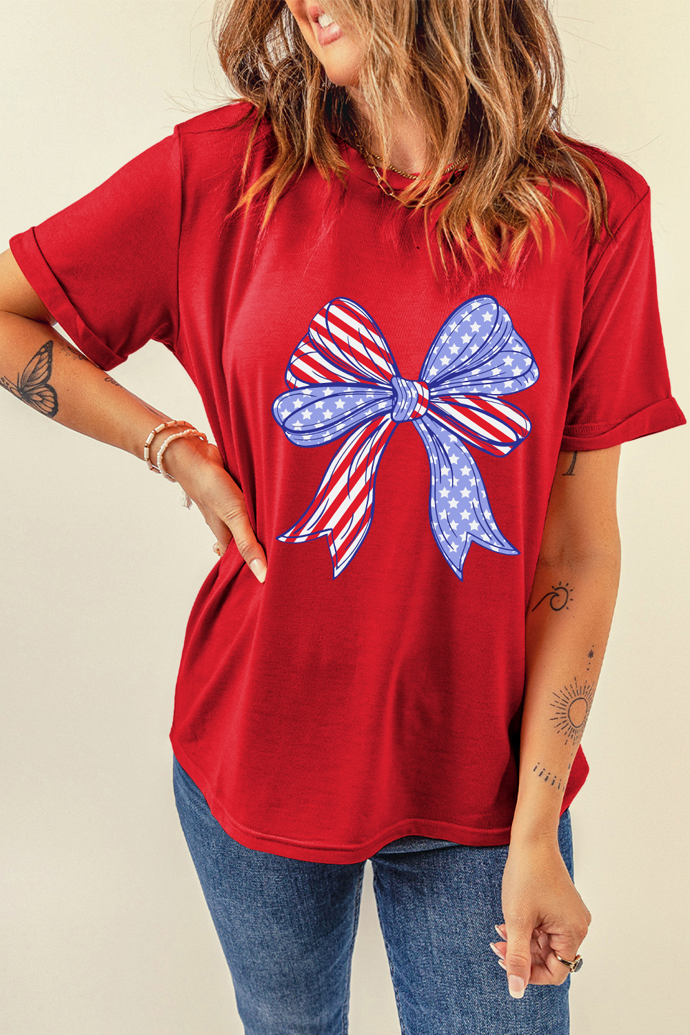Red American Flag Bow Knot Print Crew Neck T Shirt