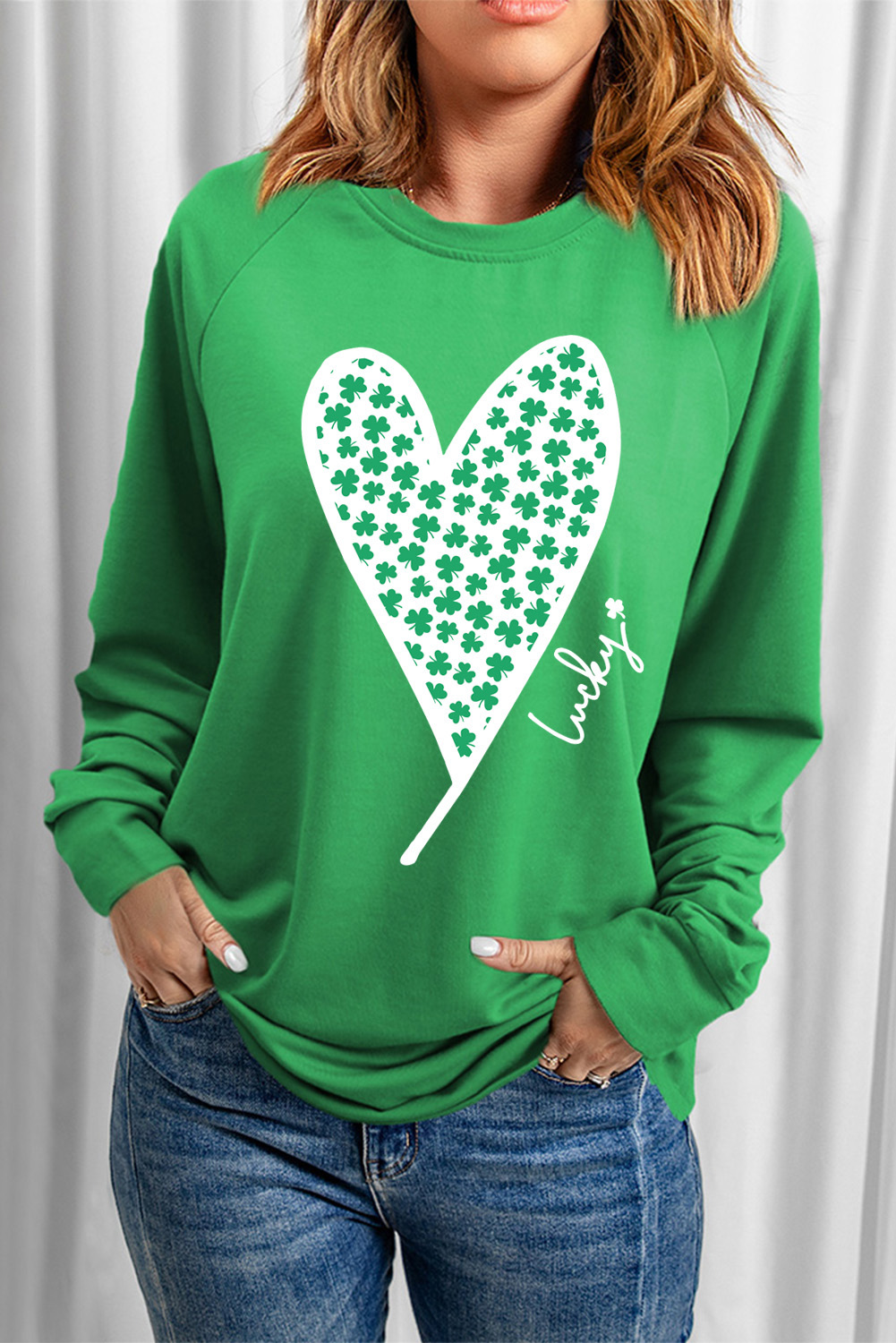 Green St. Patricks LUCKY Clover Print Raglan Sleeve Sweatshirt