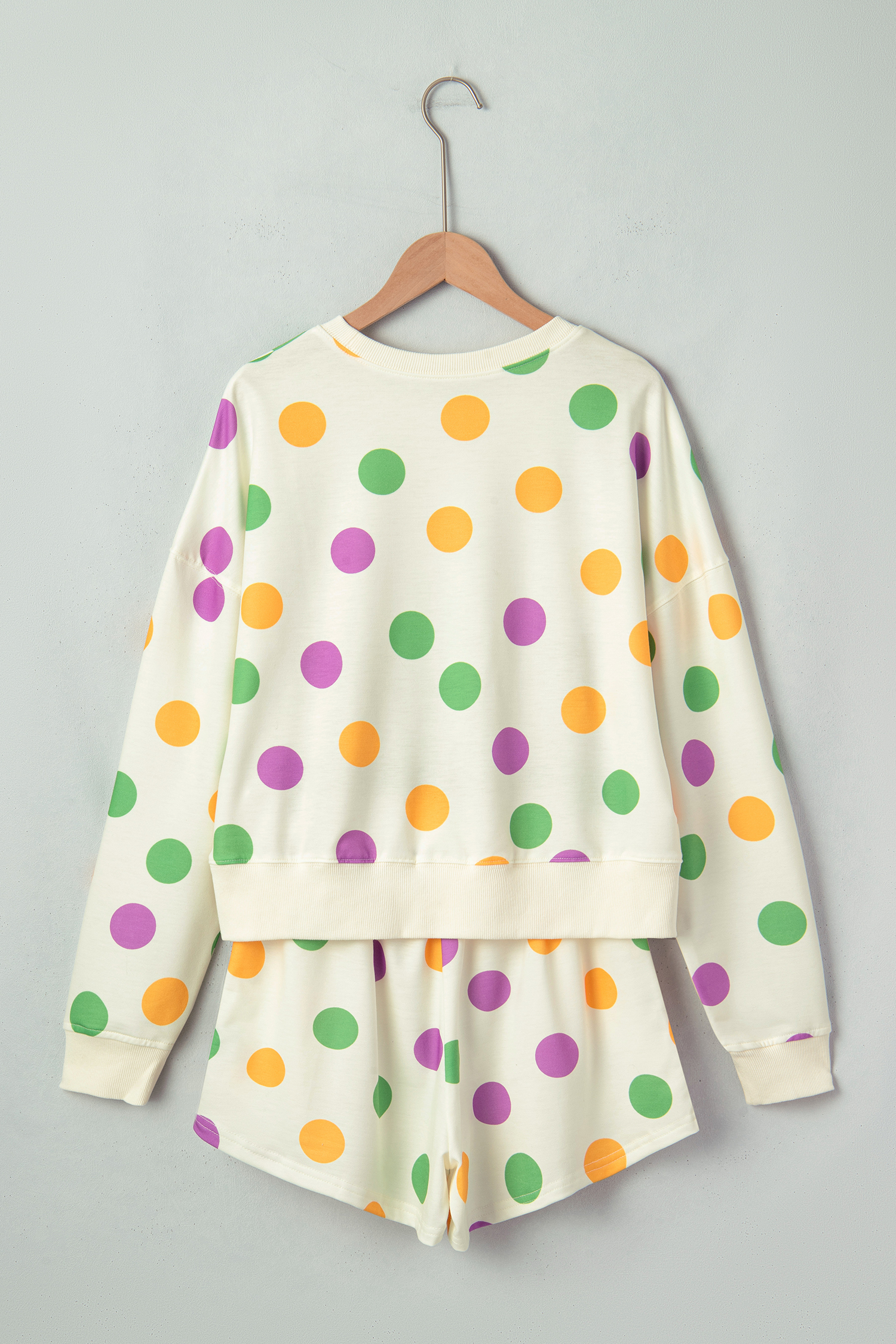 Beige Polka Dot Print Drop Shoulder Pullover Drawstring Jogger Pant Set