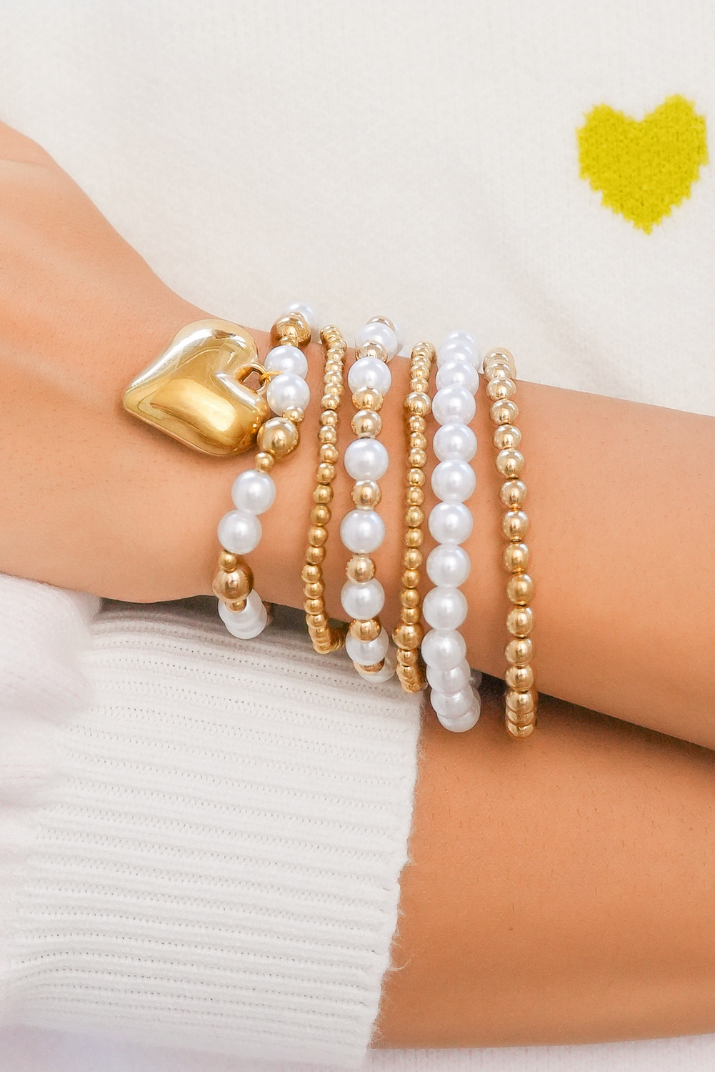 Gold Plated Heart Charm Pearl Beading Multilayer Bracelet