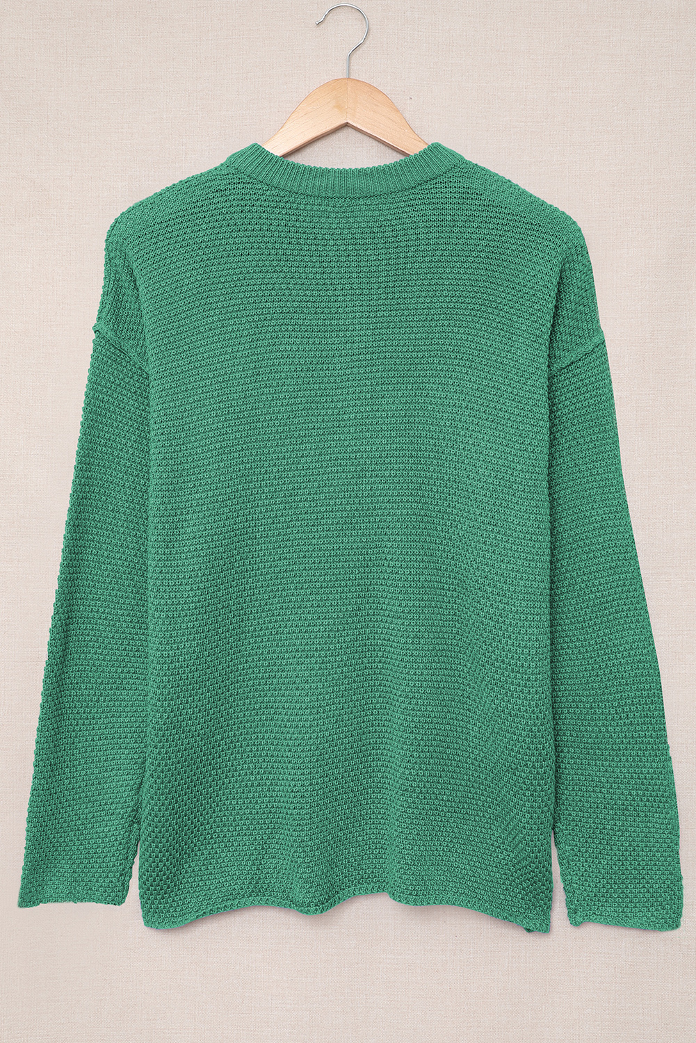 Green Henley Pullover Drop Shoulder Sweater with Slits