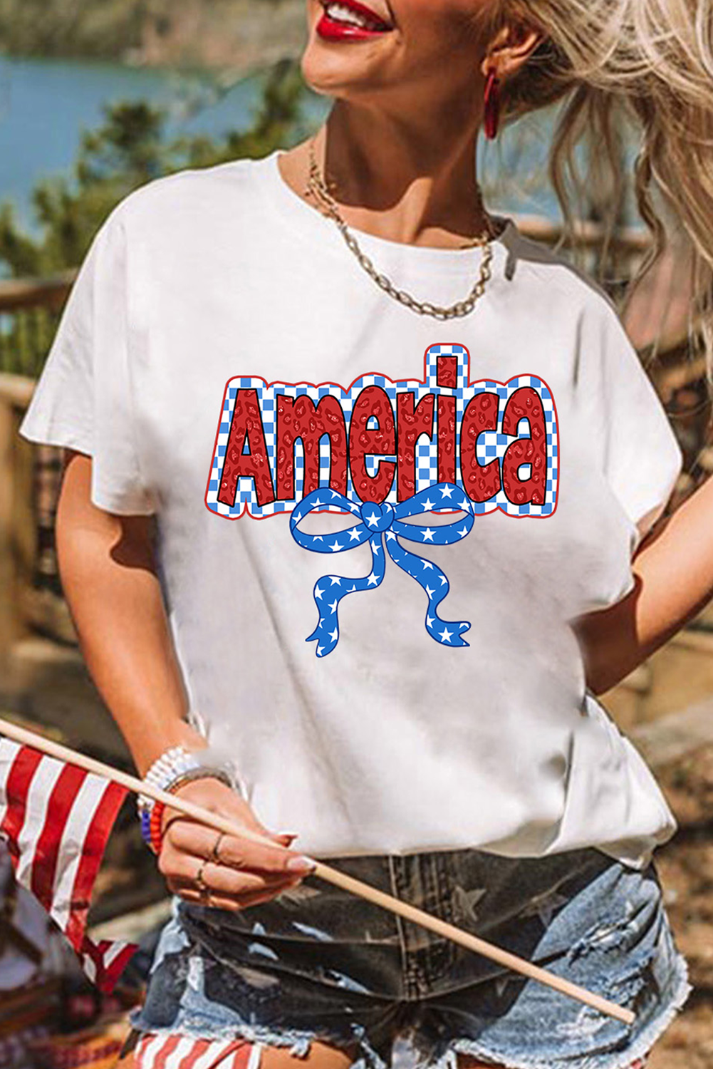 White Funky America Letter Bow Printed T Shirt