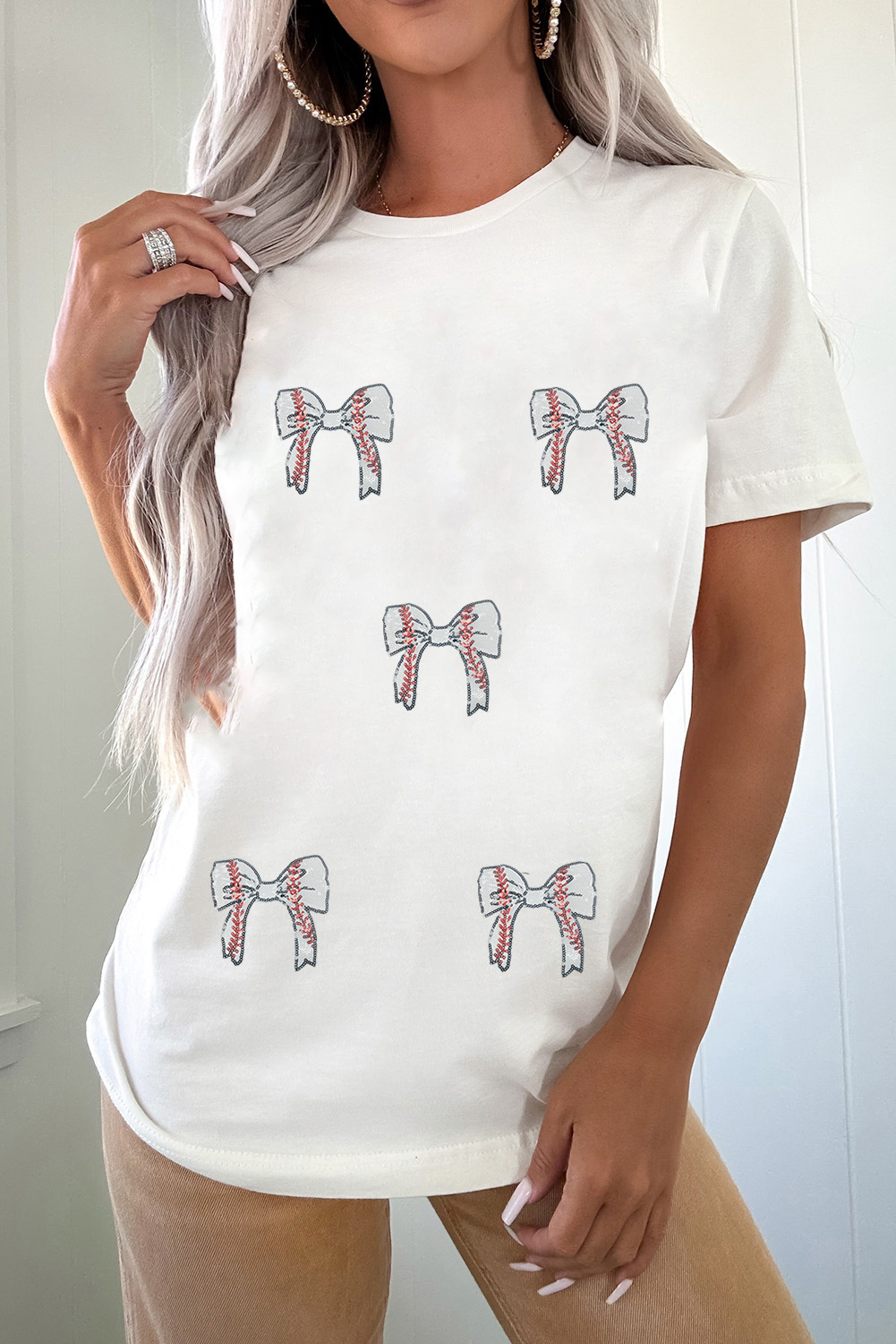 Black Glitter Baseball Bow Patched Cotton Blend T Shirt