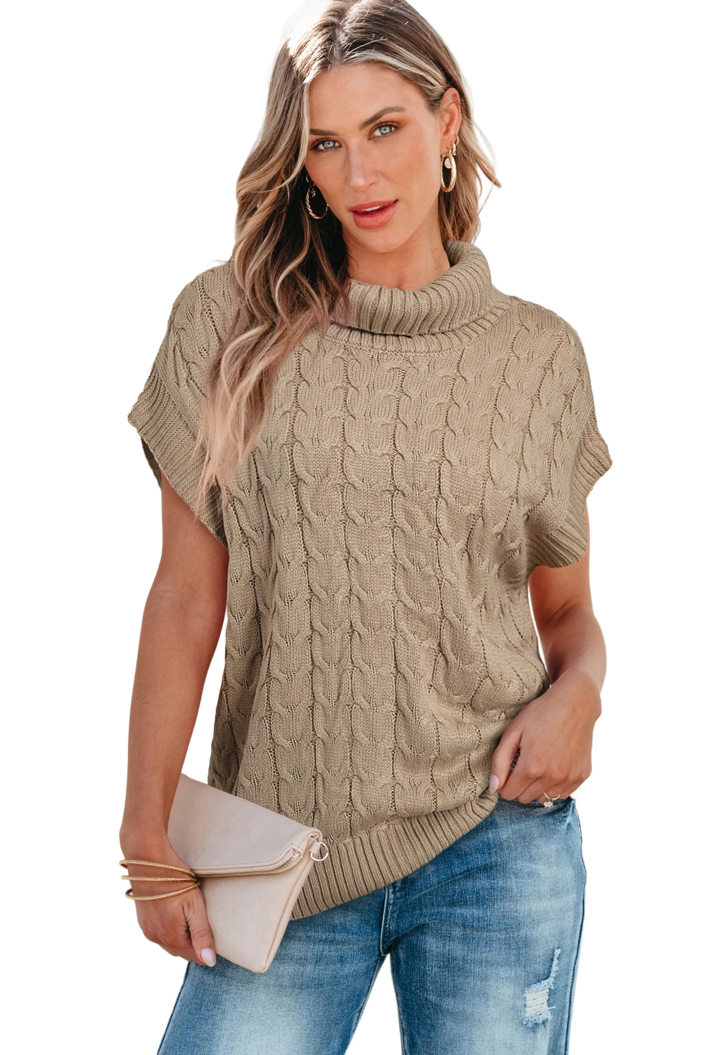 Medium Grey Cable Knit Turtleneck Batwing Sleeve Sweater
